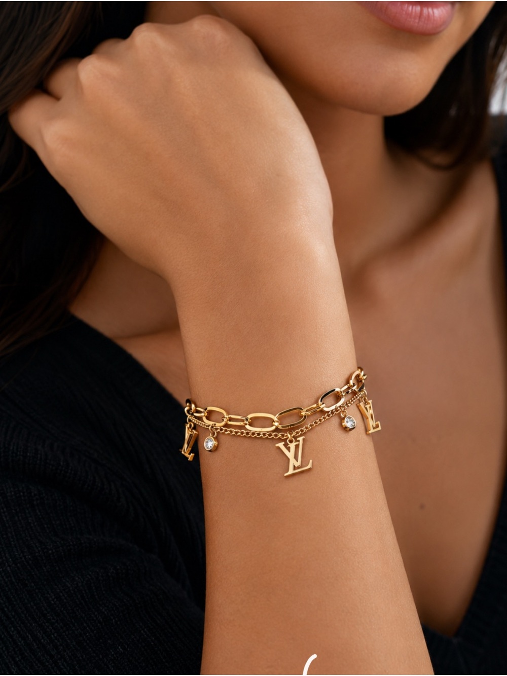 Brand New double chain, gold Charm Bracelet